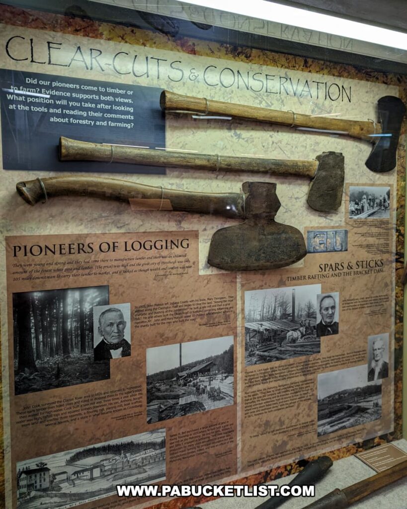 An exhibit at the Jefferson County History Center in Brookville, Pennsylvania, titled "Clear Cuts & Conservation." The display features historical logging tools such as axes and saws, mounted on the wall. The exhibit poses the question, "Did our pioneers come to timber or to farm?" and invites visitors to consider both perspectives. It includes information about the pioneers of logging, with photographs and descriptions of notable figures and logging activities. The exhibit highlights the methods used in timber rafting and the construction of bracket dams. Historical images and text provide context about the logging industry and its impact on the region, showcasing the tools and techniques used by early loggers.