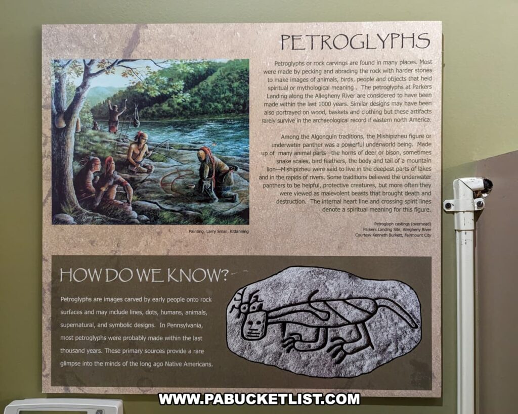 An exhibit at the Jefferson County History Center in Brookville, Pennsylvania, focusing on petroglyphs. The display features an illustrated panel describing the creation and significance of petroglyphs, which are rock carvings made by pecking and abrading the rock with harder stones. It explains that these carvings often depict animals, birds, people, and objects with spiritual or mythological meanings. The panel highlights the petroglyphs at Parkers Landing along the Allegheny River, believed to have been made within the last 1000 years.