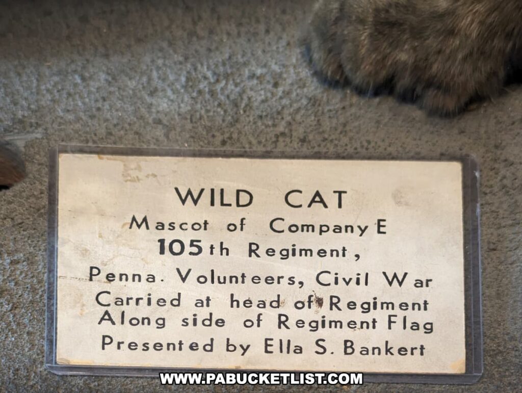 A plaque at the Jefferson County History Center in Brookville, Pennsylvania, providing information about "Bob the Wildcat." The plaque states that the wildcat was the mascot of Company E, 105th Regiment, Pennsylvania Volunteers during the Civil War. It mentions that the mascot was carried at the head of the regiment alongside the regiment flag. The plaque notes that the wildcat was presented by Ella S. Bankert. The background includes a partial view of the taxidermy wildcat's paw, adding context to the exhibit.