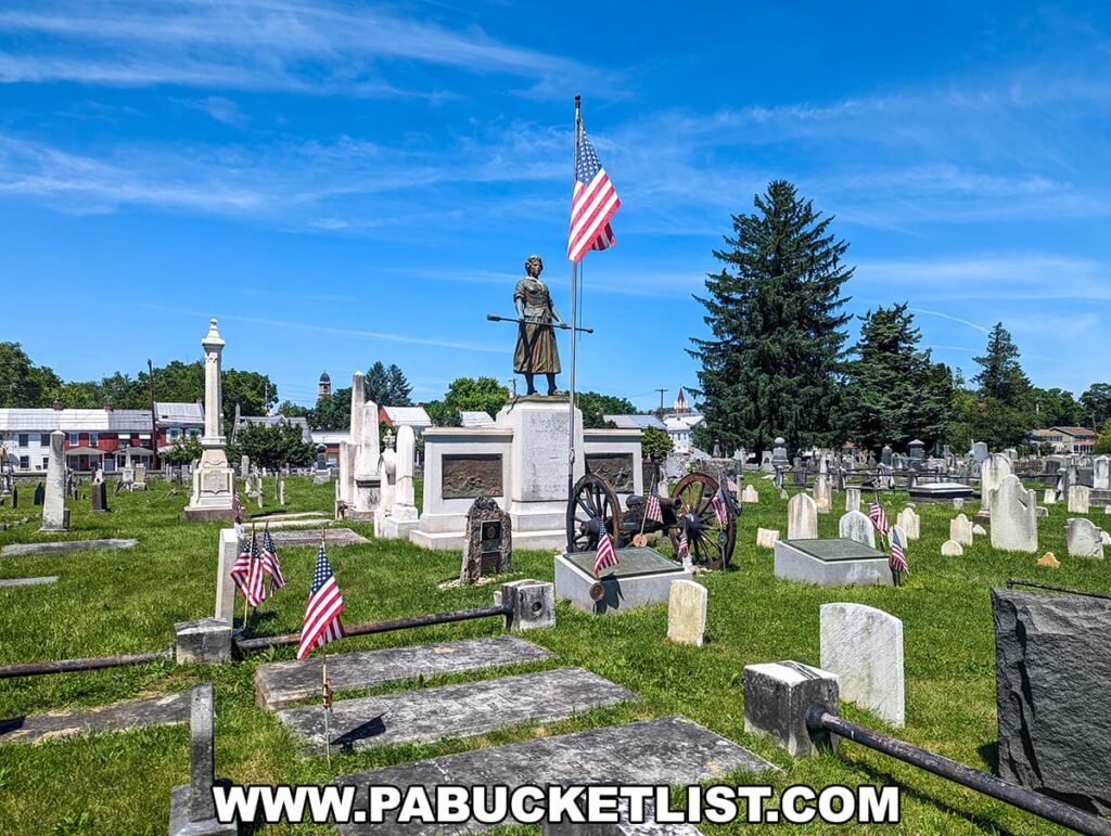 The photo shows the Molly Pitcher monument and gravesite in Old Cemetery, Carlisle, PA, on a bright, sunny day. The statue of Molly Pitcher stands on a stone pedestal, holding a cannon ramrod, with an American flag flying prominently beside it. A historical cannon and several American flags are placed around the monument, surrounded by numerous gravestones. The well-maintained cemetery features green grass and clear blue skies, with trees and historic buildings visible in the background, creating a serene and respectful atmosphere.
