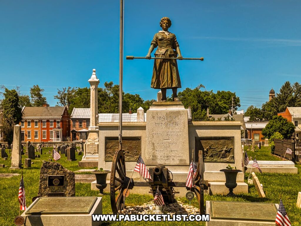 The photo shows the Molly Pitcher monument and gravesite in Carlisle, PA, on a sunny day. The statue of Molly Pitcher stands prominently atop the monument, holding a cannon ramrod. The monument is surrounded by American flags and a cannon, with historical buildings visible in the background. The cemetery grounds are well-maintained, with various gravestones and monuments visible, highlighting the site's historical significance.