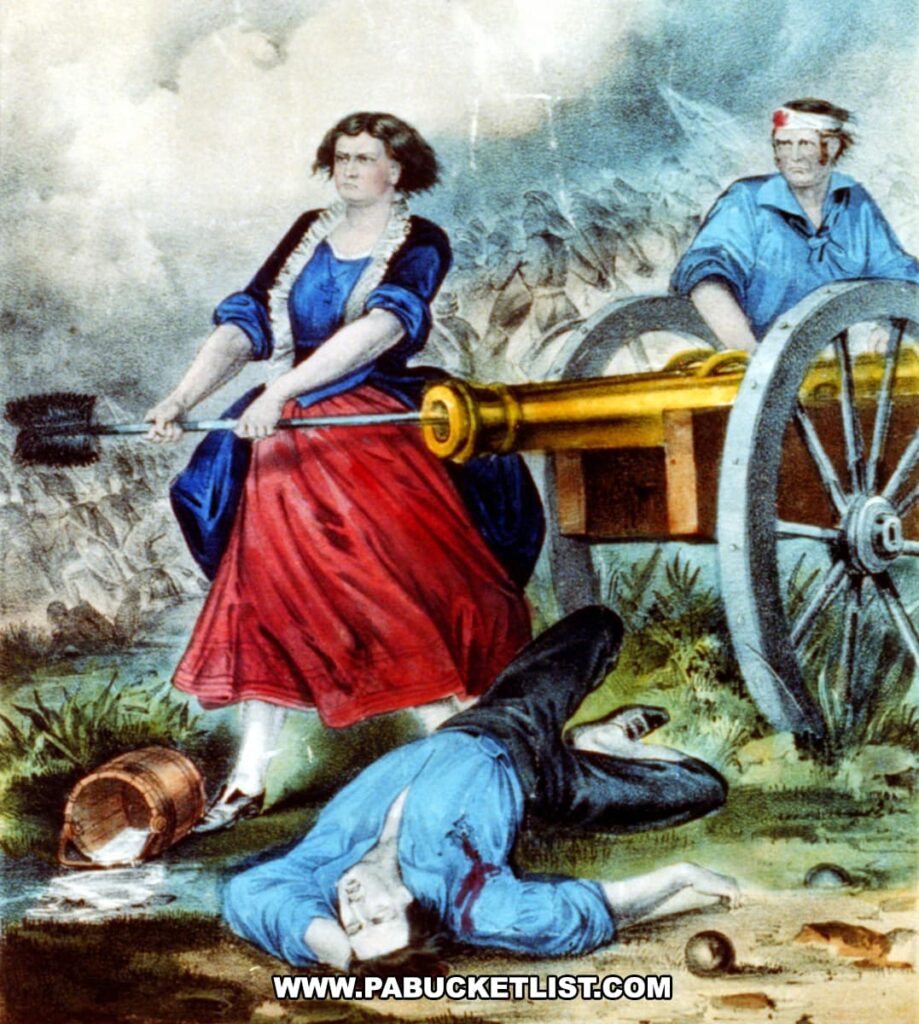 An illustration depicts Molly Pitcher at the Battle of Monmouth, heroically taking over her husband's position at a cannon. She is dressed in a red skirt and blue bodice, holding a ramrod, with determination on her face. In the background, smoke and chaos of the battle are evident, while her wounded husband lies on the ground nearby. A water bucket lies overturned, symbolizing her original task of bringing water to cool the cannons and aid the soldiers.