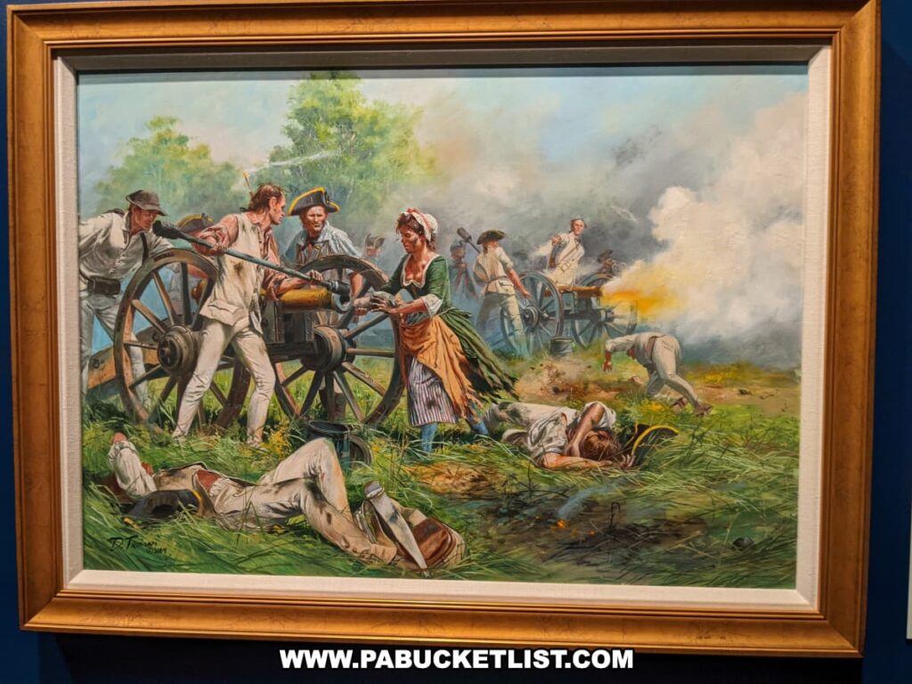 A painting depicts Molly Pitcher at the Battle of Monmouth, actively participating in the battle by helping operate a cannon alongside other soldiers. She is dressed in a green bodice and striped apron, with a determined expression as she works the cannon. Around her, soldiers are engaged in intense combat, with smoke and gunfire filling the scene. Fallen soldiers lie on the ground, illustrating the chaos and brutality of the battle. The painting is framed in a golden frame, highlighting its importance and artistic value.