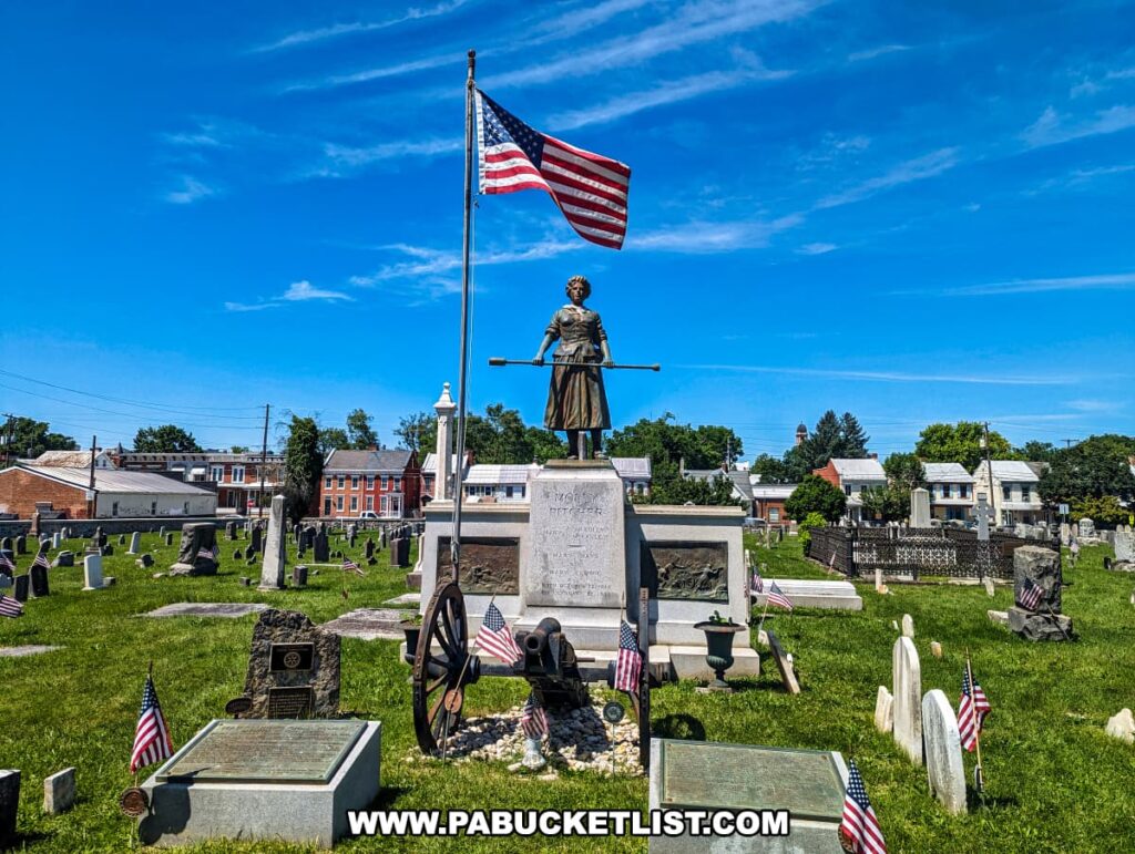 The photo shows the Molly Pitcher monument and gravesite in Old Cemetery, Carlisle, PA, on a bright, sunny day. The statue of Molly Pitcher stands on a pedestal, holding a cannon ramrod, with an American flag flying high beside it. A historical cannon and several American flags surround the monument, which is set among numerous gravestones. The cemetery is well-maintained, with green grass and clear blue skies adding to the serene and respectful atmosphere. Historical buildings are visible in the background, enhancing the historical significance of the site.