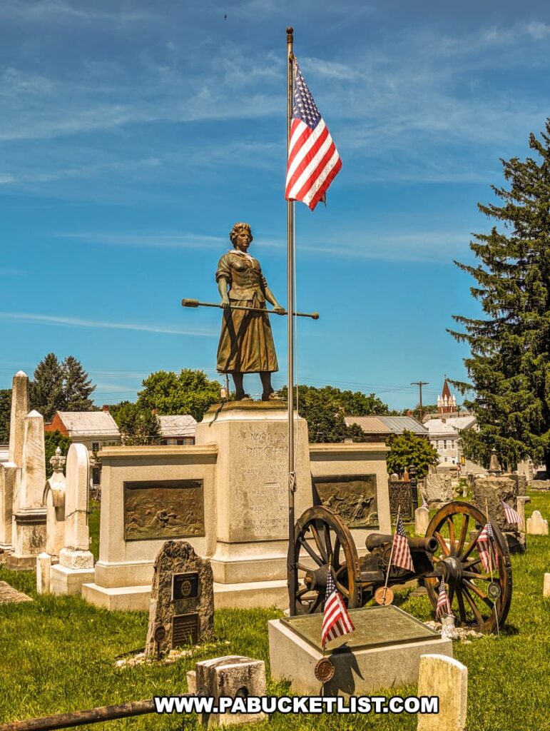 The photo shows the Molly Pitcher monument and gravesite in Old Cemetery, Carlisle, PA, on a sunny day. The statue of Molly Pitcher stands on a pedestal, holding a cannon ramrod, with an American flag flying prominently beside it. A historical cannon and multiple American flags are placed around the monument. The surrounding cemetery features various gravestones and historical markers, with trees and buildings visible in the background, creating a serene and respectful atmosphere.
