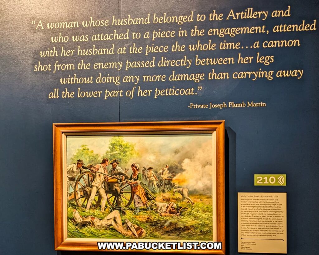 The photo shows a museum exhibit featuring a quote by Private Joseph Plumb Martin about a woman whose husband was in the artillery during a battle. The quote reads: "A woman whose husband belonged to the Artillery and who was attached to a piece in the engagement, attended with her husband at the piece the whole time...a cannon shot from the enemy passed directly between her legs without doing any more damage than carrying away all the lower part of her petticoat." Below the quote, there is a painting depicting the Battle of Monmouth, showing Molly Pitcher aiding in the operation of a cannon amidst the chaos of battle. An informational plaque about Molly Pitcher's role at the Battle of Monmouth is also displayed beside the painting. The exhibit is set against a dark blue wall, creating a respectful and informative display.