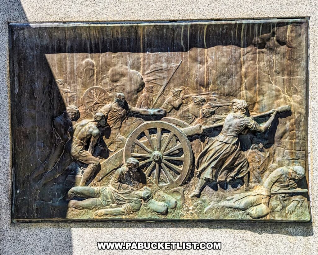 The photo shows a raised relief plaque on the Molly Pitcher monument in Old Cemetery, Carlisle, PA. The plaque depicts a dramatic scene from the Battle of Monmouth, showing Molly Pitcher operating a cannon amidst the chaos of battle. She is seen pulling a cannon ramrod, surrounded by fallen and fighting soldiers. The detailed artwork captures the intensity and bravery of her actions. The plaque is mounted on the stone base of the monument, highlighting her heroic contributions during the Revolutionary War.