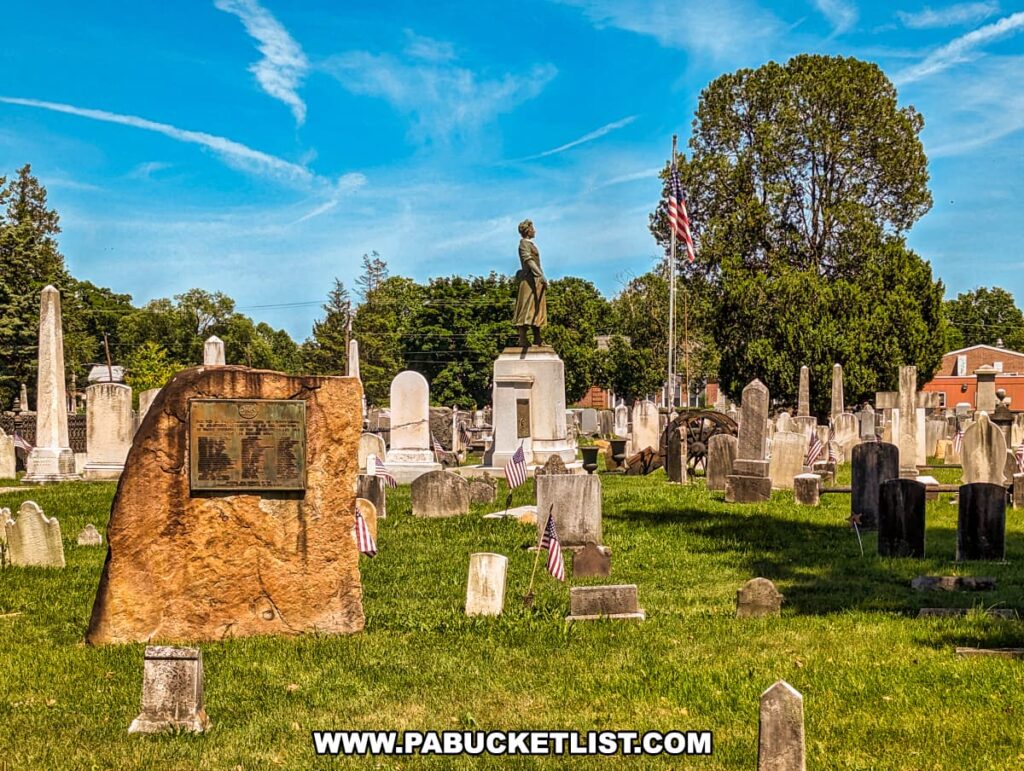 The photo shows a side view of the Molly Pitcher monument and gravesite in Old Cemetery, Carlisle, PA, on a sunny day. The monument features a statue of Molly Pitcher standing atop a pedestal, holding a cannon ramrod. An American flag flies beside the monument. In the foreground, a large stone with a bronze plaque commemorates Revolutionary War soldiers buried in the cemetery. Surrounding the monuments are numerous gravestones and American flags, creating a solemn and respectful atmosphere. Trees and historic buildings are visible in the background, adding to the historical significance of the site.