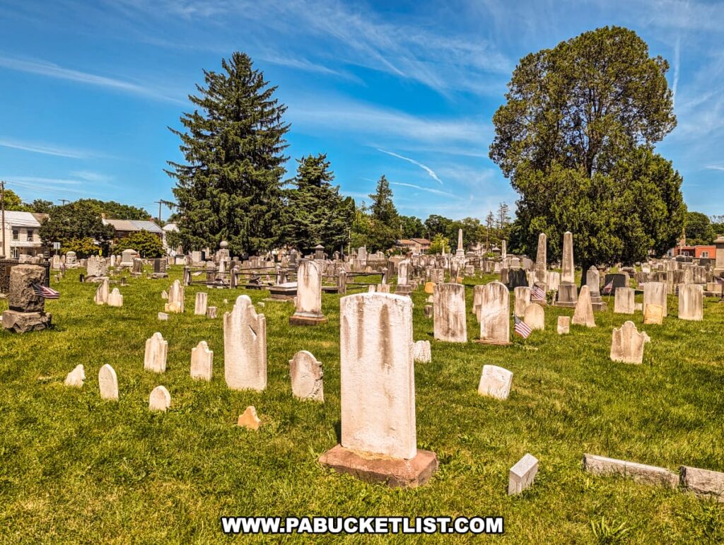 The photo shows a wide view of Old Cemetery in Carlisle, PA, on a sunny day. Numerous gravestones of varying sizes and shapes are spread across the well-maintained grassy area. Tall trees provide a picturesque backdrop, and historic buildings are visible in the distance. The clear blue sky enhances the peaceful and serene atmosphere of the cemetery, which includes the gravesites of many Revolutionary War veterans, adding to the historical significance of the location.