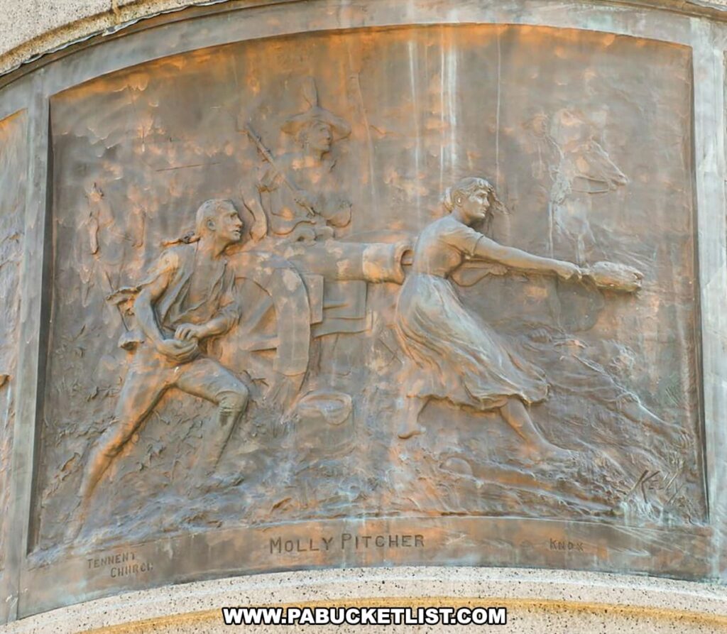 The photo shows a detailed bronze relief on the Molly Pitcher monument in Old Cemetery, Carlisle, PA. The relief depicts a scene from the Battle of Monmouth, showing Molly Pitcher in the heat of battle, operating a cannon. She is portrayed pulling a ramrod, with determination evident in her stance. Nearby, a male soldier assists with the cannon, and other soldiers are engaged in the background. The relief captures the intensity and bravery of Molly Pitcher's actions during the Revolutionary War. The bronze artwork is intricately detailed, highlighting the historical significance of her contributions.