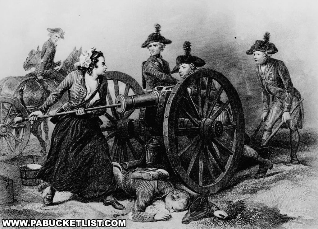 An engraving depicts Molly Pitcher at the Battle of Monmouth, operating a cannon in the midst of combat. She is shown pulling a ramrod with determination, surrounded by male soldiers who are also engaged in firing the cannon. A fallen soldier lies beneath the cannon, illustrating the chaos and intensity of the battle. The soldiers wear Revolutionary War uniforms, and a horseman is visible in the background, adding to the historical context of the scene. This engraving highlights Molly Pitcher's bravery and crucial role in the battle.