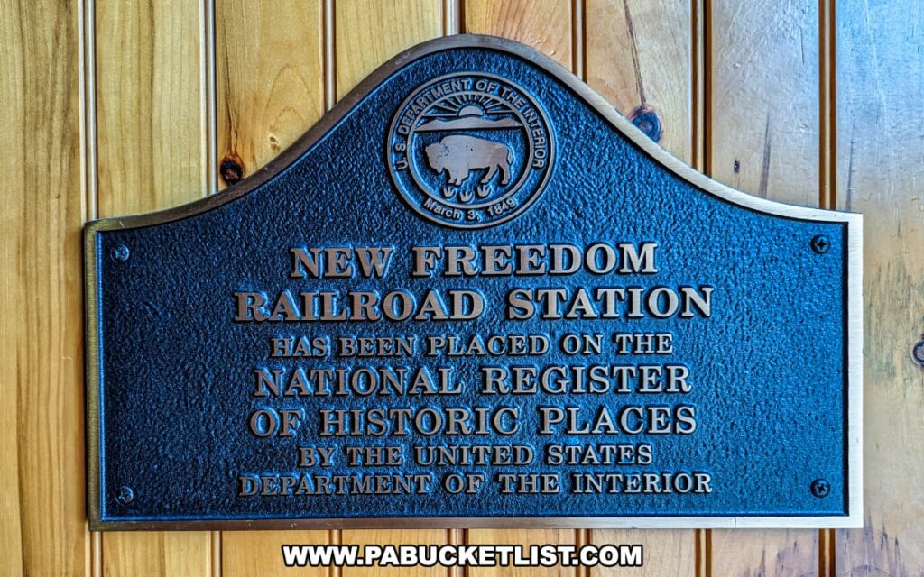 A bronze plaque mounted on wooden paneling at the New Freedom Station, indicating that the station has been placed on the National Register of Historic Places by the United States Department of the Interior. The plaque features the emblem of the Department of the Interior and the text commemorates the historical significance of the New Freedom Railroad Station, highlighting its preservation and importance as a historic site.