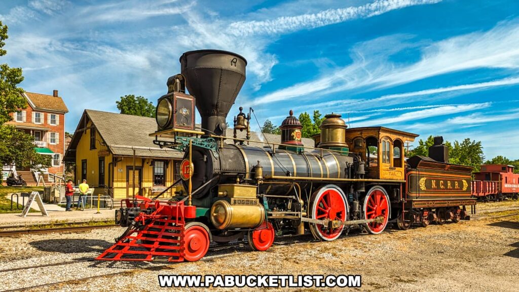 The ornate Number 17 steam locomotive at the Northern Central Railway of York is prominently displayed in front of the yellow New Freedom Station building. The locomotive features a red cowcatcher, large red wheels, and intricate detailing, with a bright blue sky and wispy clouds enhancing the scene. The historical train station, along with nearby buildings and visitors, adds to the nostalgic atmosphere. The vibrant colors and meticulous preservation of the locomotive highlight the railway's dedication to showcasing its rich history.