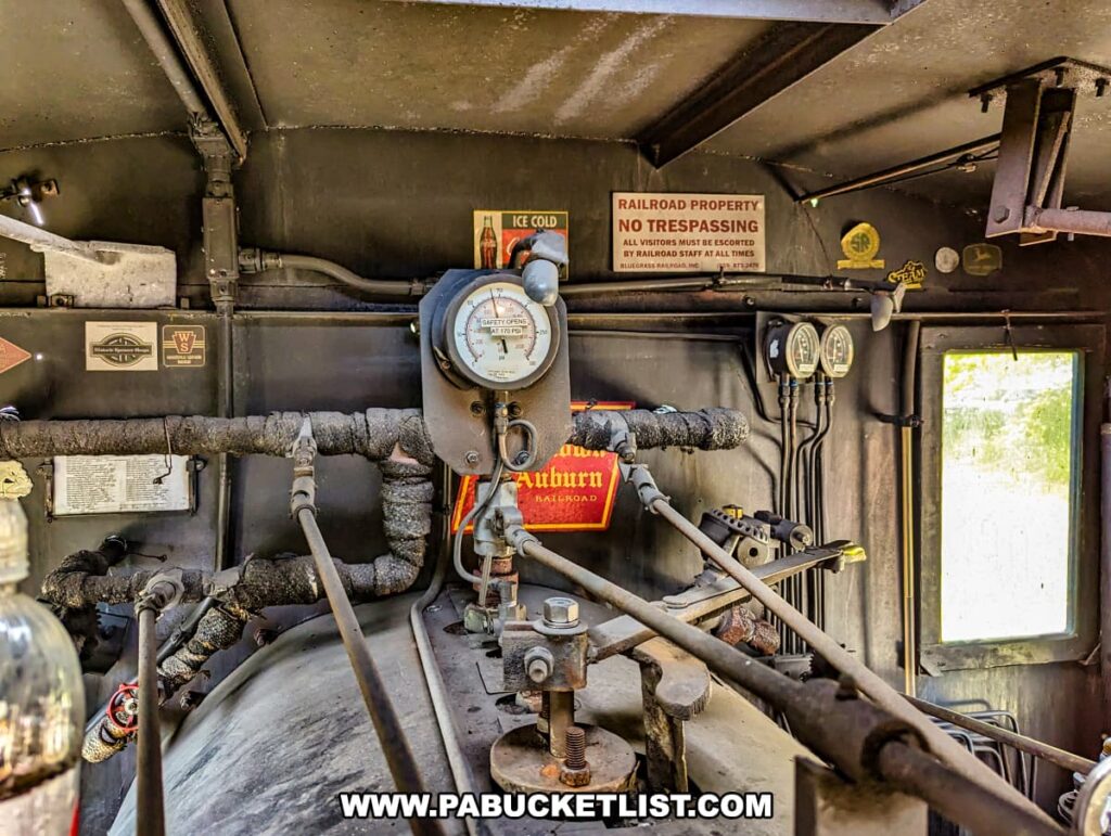 A detailed view of the interior controls of the #85 steam locomotive at the Northern Central Railway of York. The photo showcases an array of gauges, valves, and levers used to operate the engine, along with signs indicating safety instructions and railroad property regulations. The well-worn and functional appearance of the equipment highlights the historical authenticity and mechanical complexity of the steam locomotive. The bright daylight streaming in through the window enhances the visibility of the intricate details inside the cab.