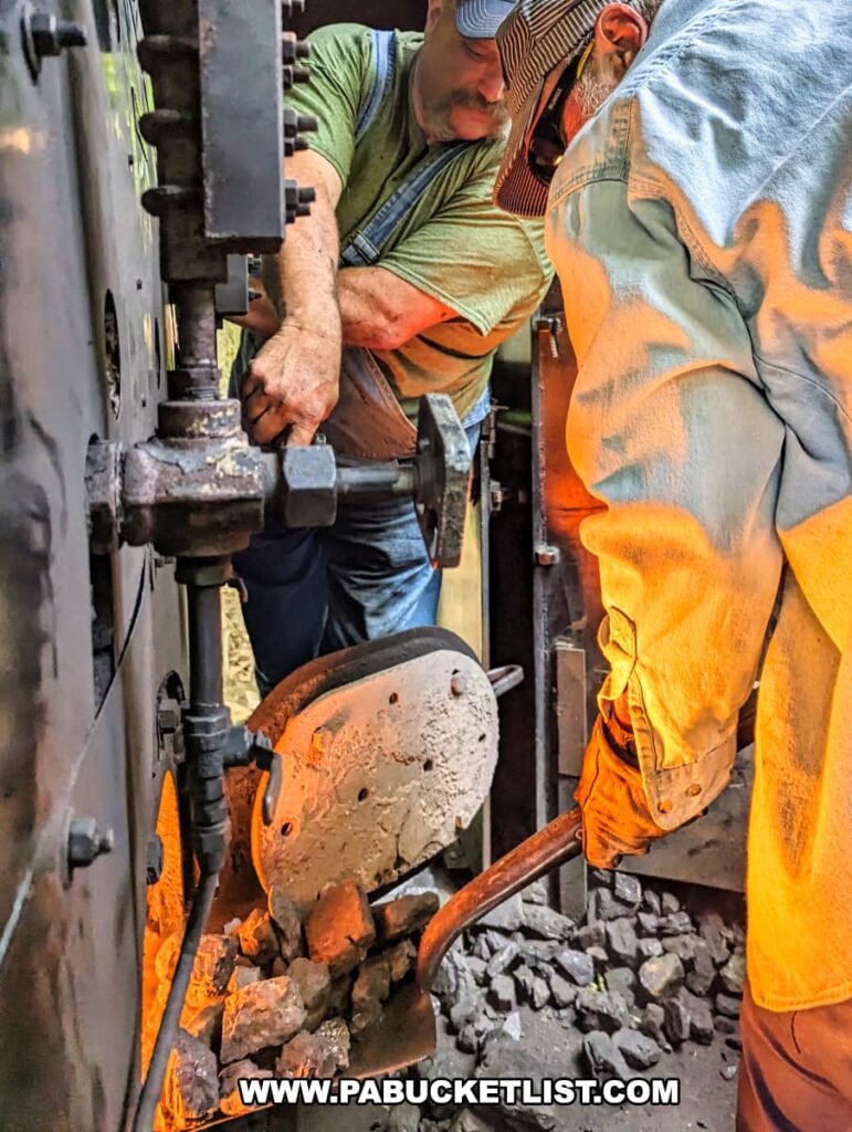 Two railway workers inside the cab of the #85 steam locomotive at the Northern Central Railway of York. One worker, in overalls and a cap, adjusts a control valve, while the other, wearing a light blue shirt and gloves, shovels coal into the glowing firebox. The bright orange light from the firebox illuminates their faces and surroundings, highlighting the intense heat and hard work involved in operating the steam engine. The close-up view captures the authenticity and dedication to maintaining historical railway practices.