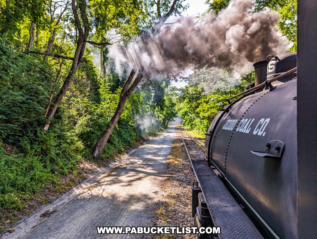View from the Northern Central Railway of York showing the steam locomotive labeled "Jeddo Coal Co." emitting thick black smoke. The train is traveling along tracks surrounded by dense green foliage, creating a picturesque tunnel of trees. The parallel rail trail is visible beside the tracks, adding to the scenic and immersive experience of the ride. The sunlight filtering through the leaves enhances the lush, verdant environment, capturing the historic charm and natural beauty of the railway journey.