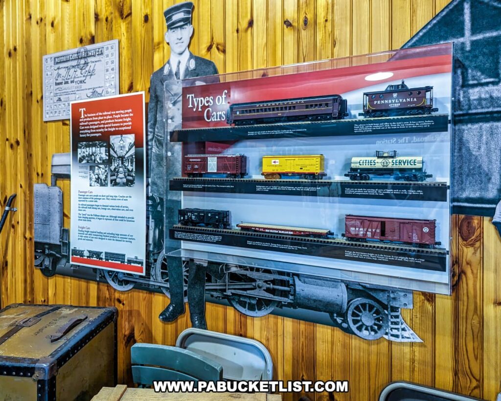 Exhibit at the Northern Central Railway of York museum showcasing various types of train cars. The display features detailed models of passenger cars, freight cars, and tank cars, accompanied by informational signage. A life-size cutout of a historical railroad conductor adds a human element to the exhibit. The wooden walls and vintage luggage in the foreground enhance the nostalgic atmosphere of the museum.