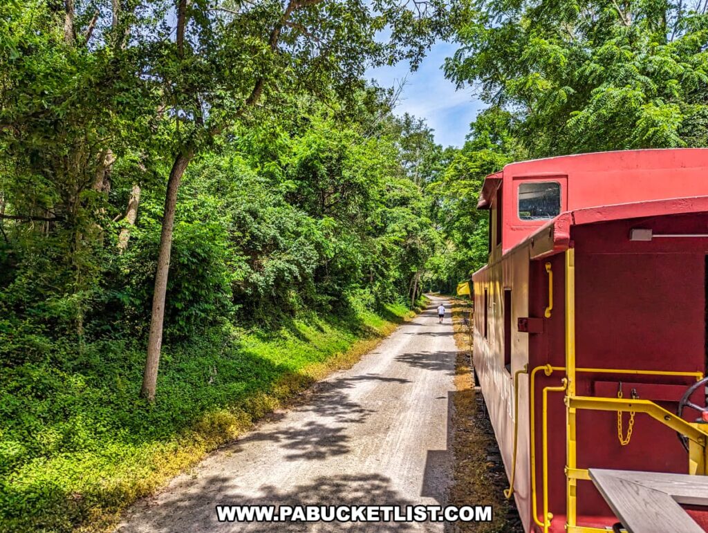 View from the Northern Central Railway of York gondola car, looking towards a red caboose as the train travels along a tree-lined track. The lush greenery of the forest flanks both sides of the railway, with a pedestrian path running parallel to the tracks, highlighting the scenic and serene environment of the ride.