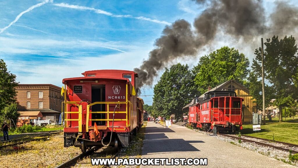 View of a Northern Central Railway of York steam train from behind a red caboose, with smoke billowing from the locomotive. The track runs alongside a paved path with a yellow New Freedom station building and another red caboose visible in the background. The scene includes blue skies with wispy clouds and green trees.