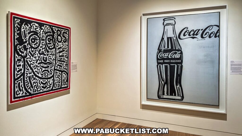 An art exhibit at the Palmer Museum of Art in Centre County, PA, featuring two prominent pieces. On the left, a bold, black-and-white painting with abstract human faces and intricate patterns, accented by a red border. On the right, a large monochromatic artwork depicting a classic Coca-Cola bottle with the brand's logo, rendered in a minimalist, graphic style. Both pieces are displayed against a clean, white wall, allowing their contrasting styles and themes to stand out. Descriptive plaques beside each artwork provide additional context for museum visitors.