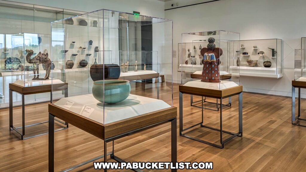 A ceramics gallery at the Palmer Museum of Art in Centre County, PA, showcasing a variety of ceramic pieces in glass display cases. The exhibit includes a large green bowl, a sculptural piece with intricate designs, and various other ceramic artifacts. The gallery is spacious and well-lit, with a modern layout that allows visitors to view the detailed craftsmanship of each piece. The background features additional ceramic works displayed on shelves and in cases, highlighting the diversity and cultural significance of the collection.