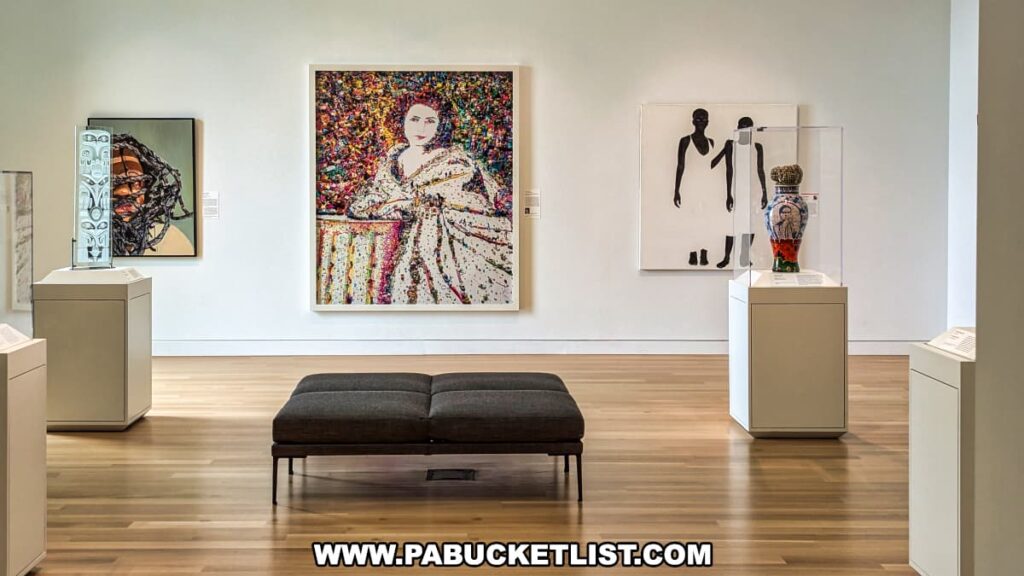 A contemporary art gallery at the Palmer Museum of Art in Centre County, PA, featuring a variety of artworks. Prominently displayed in the center is a colorful, abstract portrait of a woman in a white dress. To the left, a painting of a person with a covered face and a smaller sculpture encased in glass are visible. On the right, a minimalist artwork depicting two silhouetted figures and a decorated vase in a glass case are displayed. The gallery is spacious with a wooden floor and white walls, providing a modern and clean backdrop for the diverse collection. A bench in the center invites visitors to sit and reflect on the art.
