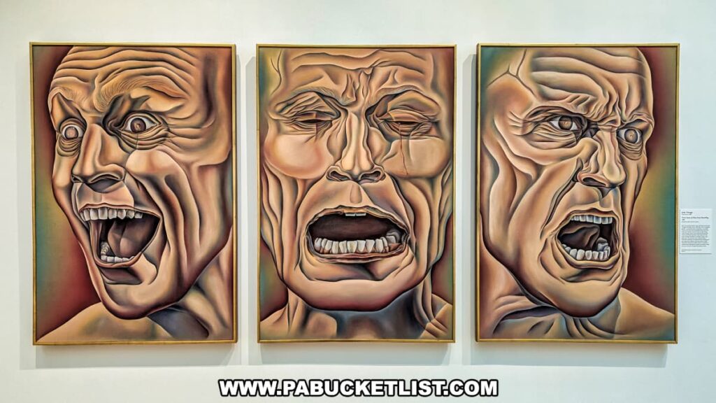 A contemporary art installation at the Palmer Museum of Art in Centre County, PA, featuring a triptych of expressive human faces. Each of the three panels portrays a different facial expression, ranging from anguish to intensity, with exaggerated wrinkles and detailed textures. The paintings are framed in gold and set against a plain white wall, emphasizing the dramatic and emotional impact of the artwork. A descriptive plaque to the right provides context for viewers, enhancing their understanding of the piece. The exhibit showcases the artist's skill in capturing raw human emotions.