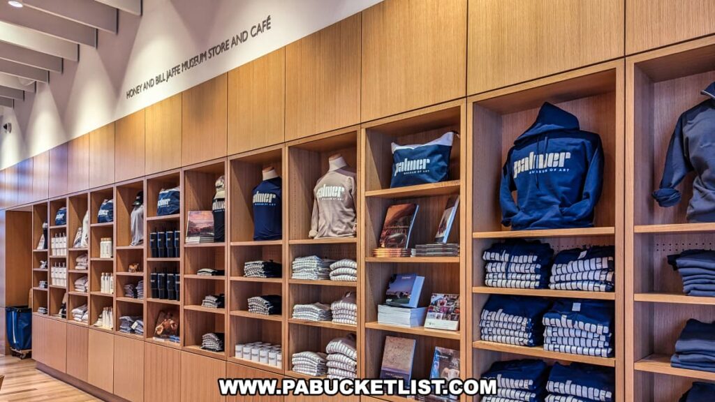 The gift shop at the Palmer Museum of Art in Centre County, PA, featuring neatly arranged shelves filled with various merchandise. Items on display include branded clothing such as hoodies and t-shirts, books, and other souvenirs. The shelves are made of light wood, complementing the shop's clean and modern aesthetic. Above the shelves, a sign reads "Honey and Bill Jaffe Museum Store and Café." The shop offers a variety of products for visitors to purchase as mementos of their visit to the museum.