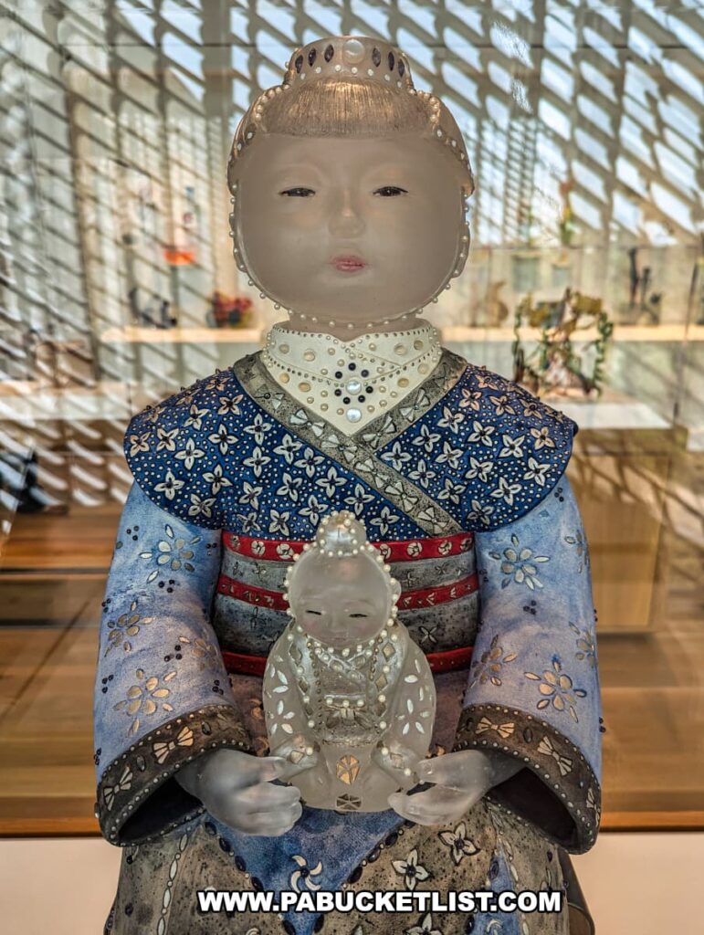 A detailed glass sculpture displayed at the Palmer Museum of Art in Centre County, PA. The sculpture features a serene figure dressed in an intricately patterned blue and silver robe, holding a smaller figure in its lap. Both figures are adorned with delicate, ornate details. The background showcases a bright, airy space with reflective patterns created by natural light filtering through a lattice structure. The craftsmanship of the sculpture highlights the artist's attention to detail and the use of glass to create a lifelike and expressive piece.