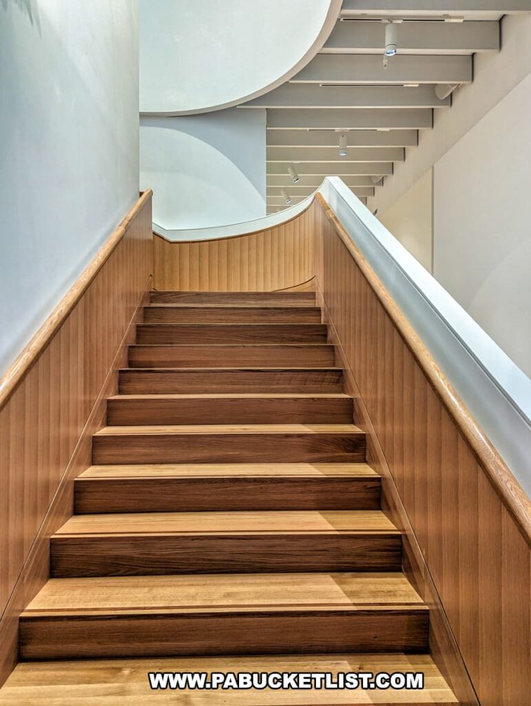 A wooden staircase inside the Palmer Museum of Art in Centre County, PA, showcasing a modern design with clean lines and a smooth, curved handrail. The stairs lead up to a higher level of the museum, with white walls and a ceiling featuring exposed beams and modern lighting fixtures. The staircase is well-lit, highlighting the natural wood tones and the architectural details of the space. The overall aesthetic is minimalist and contemporary, reflecting the museum's design and atmosphere.