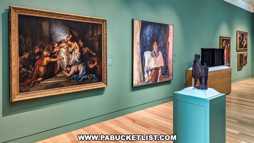 An interior view of a gallery at the Palmer Museum of Art in Centre County, PA, showcasing a variety of paintings and sculptures. Prominently displayed on the left is a large, framed painting depicting a dramatic, historical scene with multiple figures. To the right, another painting features a portrait of a seated woman in a vibrant, colorful setting. In the foreground, a small sculpture on a pedestal adds a three-dimensional element to the exhibit. The gallery walls are painted in a soft green color, and the wooden floor adds warmth to the space. Additional paintings are visible along the corridor, contributing to the rich and diverse art collection on display.
