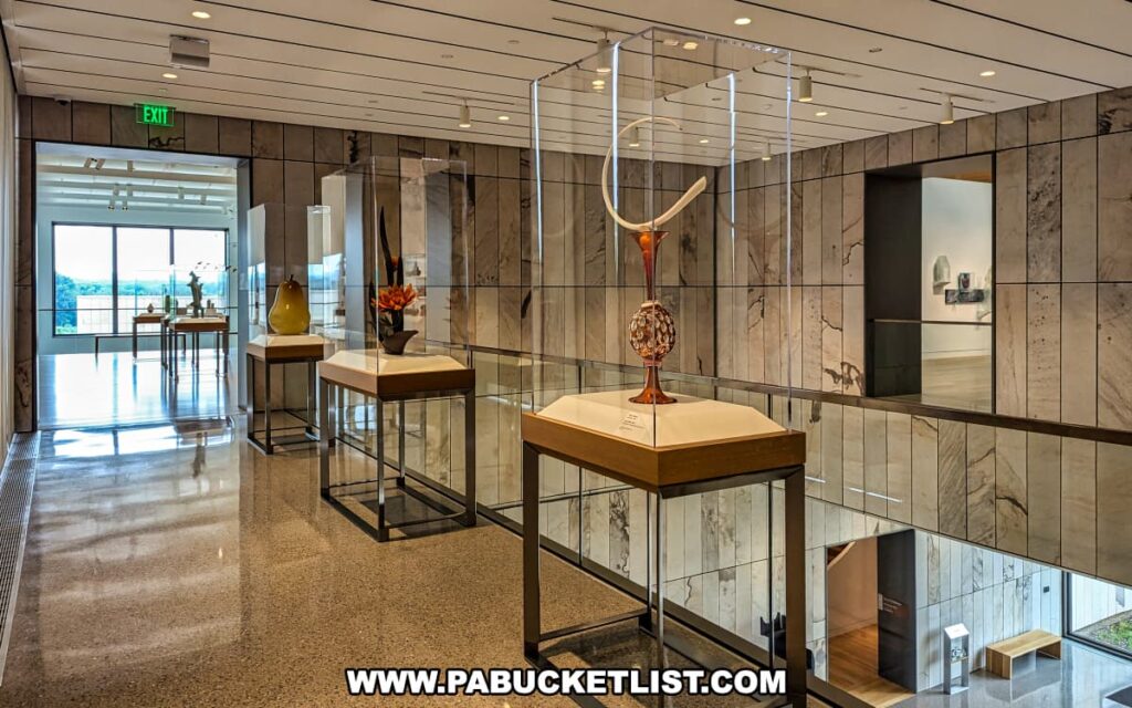 A hallway at the Palmer Museum of Art in Centre County, PA, featuring a display of modern sculptures in glass cases. The sculptures, including a yellow vase, an abstract piece with orange and black elements, and a decorative vase with a white ring, are showcased on wooden pedestals with metal frames. The hallway is well-lit with natural light streaming in from large windows at the far end, providing a view of the landscape outside. The walls are lined with stone tiles, adding to the modern and sophisticated ambiance of the space. The polished floor reflects the light, enhancing the overall brightness and openness of the area. The hallway leads to additional gallery spaces, inviting visitors to explore further.