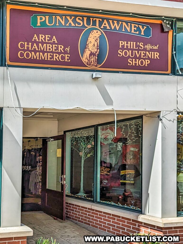 A photo of the entrance to the Punxsutawney Area Chamber of Commerce and Phil's Official Souvenir Shop in Punxsutawney, Pennsylvania. The sign above the entrance features an image of Punxsutawney Phil, the famous groundhog known for predicting the weather on Groundhog Day. The shop's windows display various souvenirs, and the entrance door is open, inviting visitors inside.