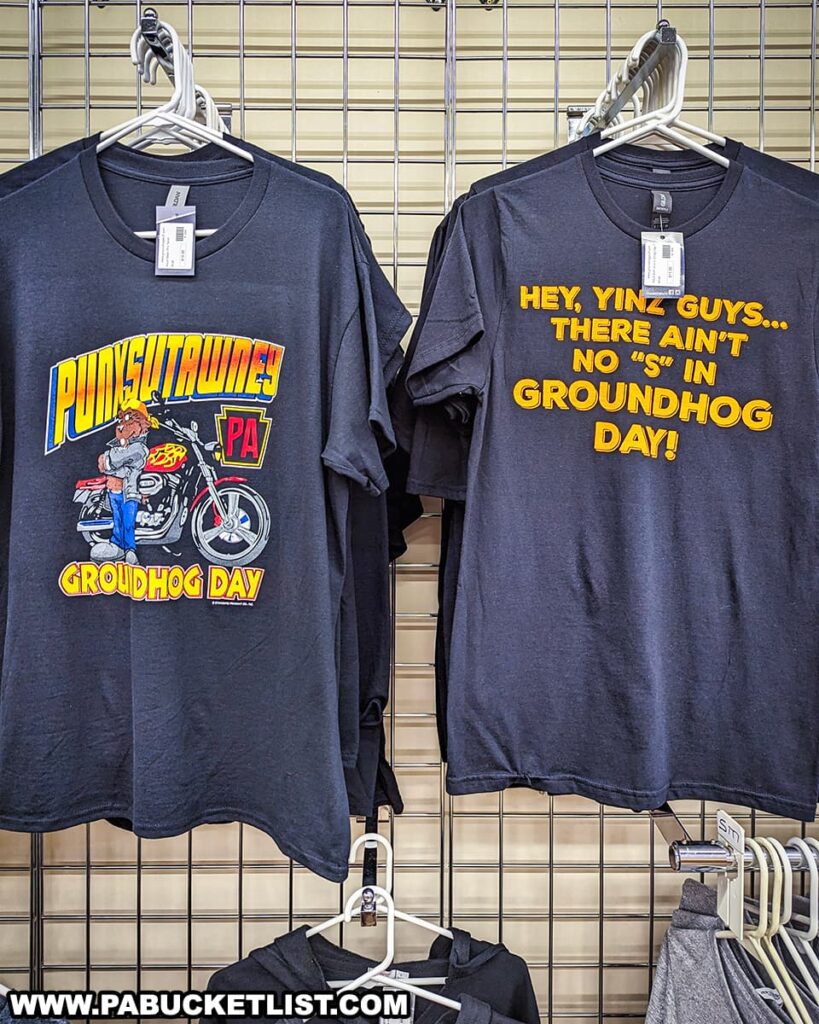 A photo of two Punxsutawney Phil-themed T-shirts displayed on a metal rack inside a shop in Punxsutawney, Pennsylvania. The T-shirt on the left features an illustration of a groundhog riding a motorcycle with the text "Punxsutawney PA Groundhog Day" in bold, colorful letters. The T-shirt on the right displays the humorous text "Hey, Yinz Guys... There Ain't No 'S' in Groundhog Day!" in bold yellow letters. Both shirts are black and hang neatly on hangers, ready for purchase by visitors and fans of the famous groundhog.