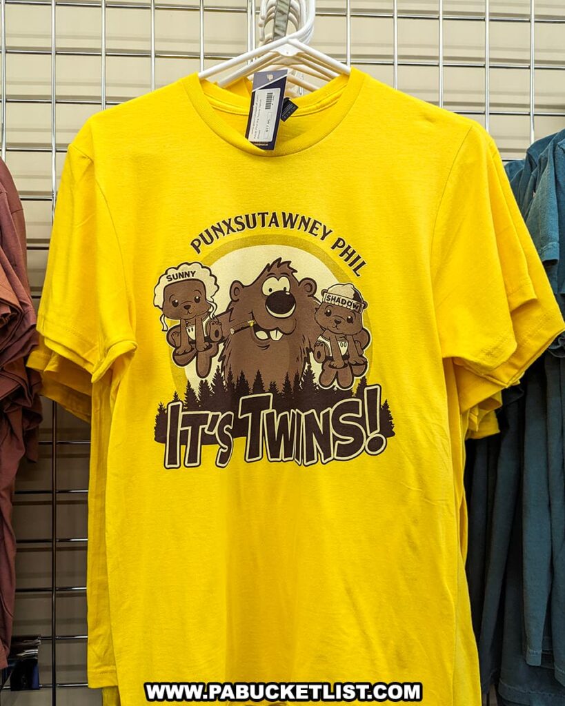 A photo of a bright yellow T-shirt featuring Punxsutawney Phil along with two smaller groundhogs, named Sunny and Shadow. The design includes a cheerful image of Phil in the center with Sunny and Shadow on either side, each holding a smaller groundhog. The text above the illustration reads "Punxsutawney Phil," and below it says "It's Twins!" in bold, playful letters. The T-shirt is displayed on a hanger against a metal rack, highlighting the fun and family-friendly theme related to the famous weather-predicting groundhog in Punxsutawney, Pennsylvania.