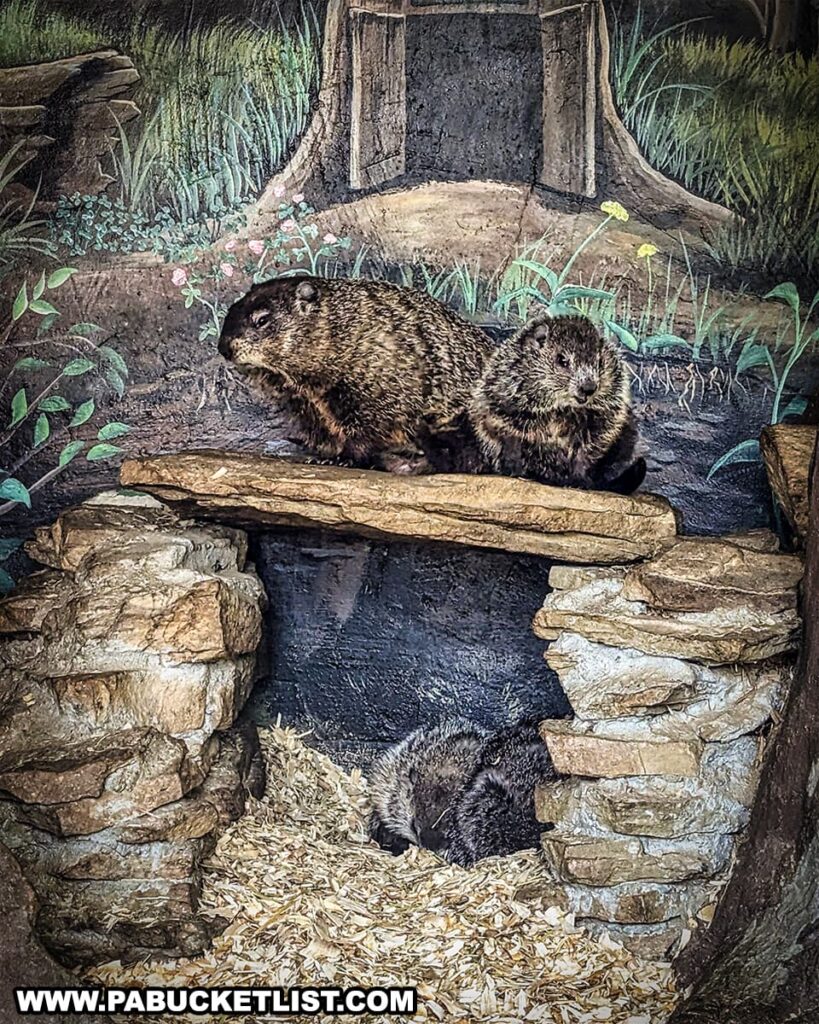 A photo showing Punxsutawney Phil, the famous groundhog, along with another groundhog on a rock structure inside their habitat. The background features a mural of a natural outdoor scene with greenery and flowers. Two baby groundhogs are partially visible, resting in the straw bedding beneath the rock ledge. The scene is part of an exhibit in Punxsutawney, Pennsylvania, highlighting the famous weather-predicting groundhog and his companions.