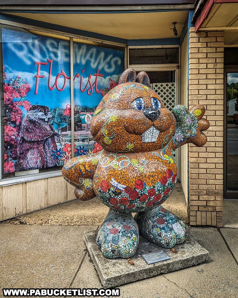 A photo of a colorful mosaic statue of Punxsutawney Phil, the famous groundhog, located outside a florist shop in Punxsutawney, Pennsylvania. The statue features vibrant floral patterns and a cheerful expression, standing on a concrete base. In the background, the shop window displays a sign that reads "Florist" with images of flowers and another depiction of Punxsutawney Phil, enhancing the local festive atmosphere.