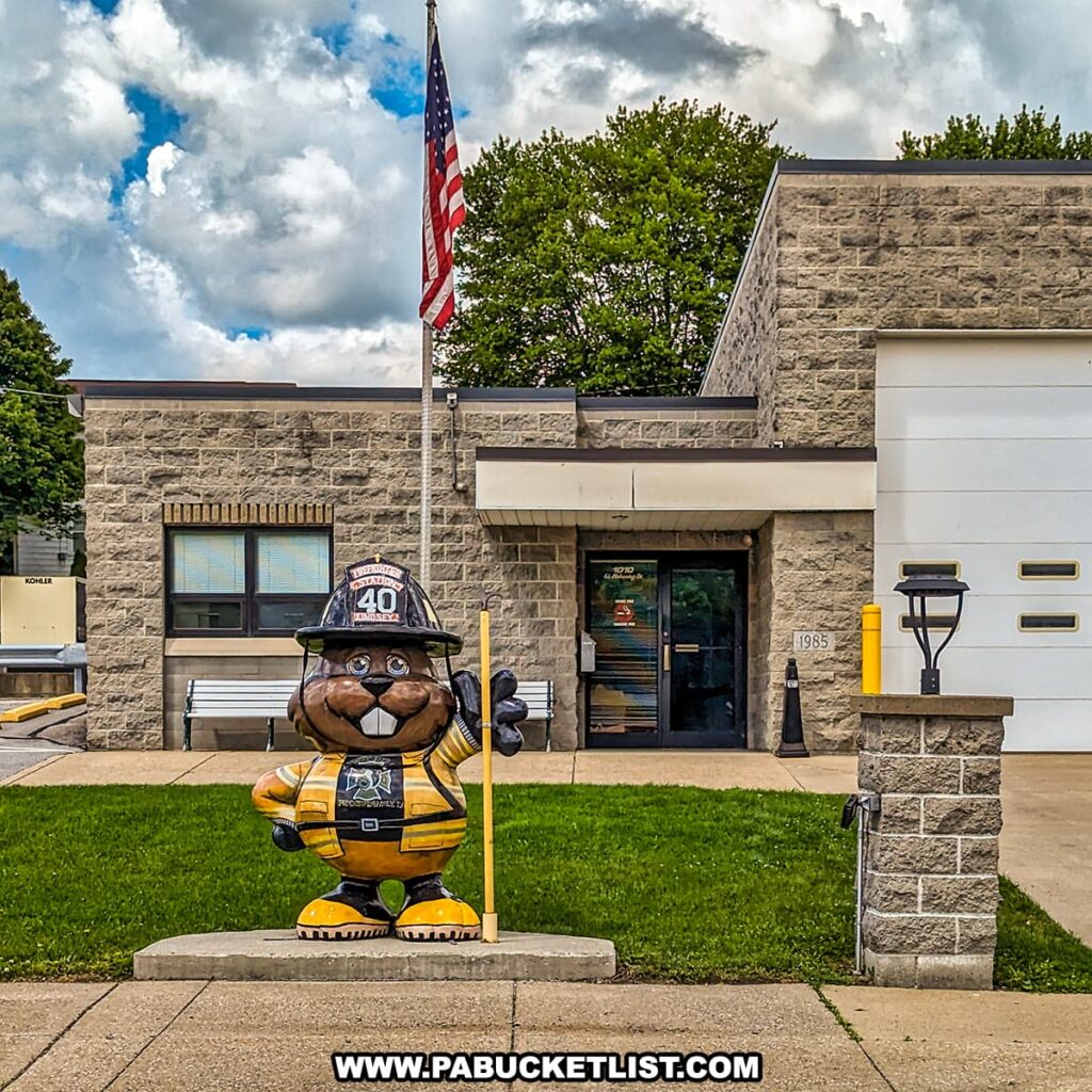 A photo of a statue of Punxsutawney Phil dressed in a firefighter's outfit, complete with a helmet and yellow fireman's coat, standing in front of a fire station in Punxsutawney, Pennsylvania. The statue is holding a fireman's tool and is positioned on a concrete base. Behind the statue, the fire station building features brick walls, an entrance door, and an American flag flying on a flagpole. The setting highlights the community spirit and the iconic status of Punxsutawney Phil in the town.