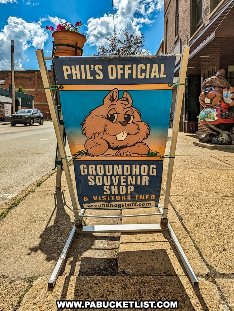 A photo of a sidewalk sign for Phil's Official Groundhog Souvenir Shop & Visitors Info in Punxsutawney, Pennsylvania. The sign features an illustration of a cheerful groundhog, presumably Punxsutawney Phil, and provides the shop's website, groundhogstuff.com. The sign is positioned on a metal stand with a potted plant on top. In the background, a colorful statue of Punxsutawney Phil is visible, adding to the town's festive atmosphere. The street scene includes buildings and a parked car under a bright blue sky with scattered clouds.