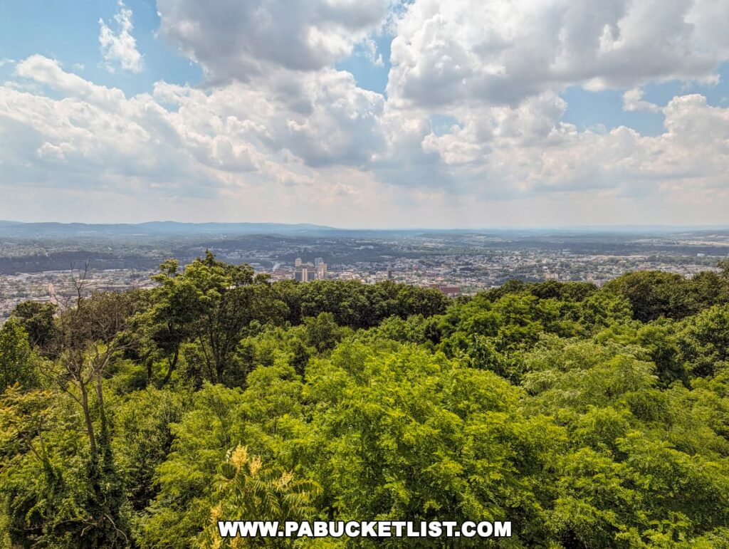The photo captures a scenic view from the Reading Pagoda in Berks County, PA, overlooking the city of Reading and its surroundings. The foreground is filled with dense green foliage, while the cityscape and distant hills stretch out under a sky dotted with dramatic clouds, showcasing the natural beauty and expansive vistas visible from the Pagoda.