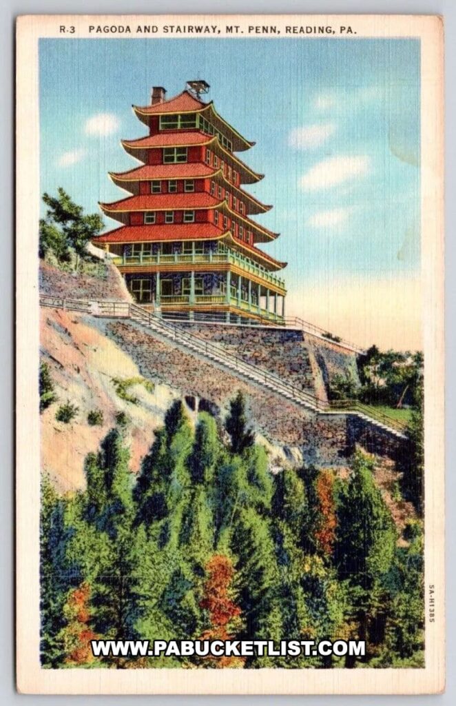 This vintage postcard shows the Reading Pagoda in Berks County, PA, perched on the hillside of Mt. Penn. The seven-story structure with its distinct red roofs and upswept eaves stands out against a clear blue sky. A stone staircase leads up the hill to the Pagoda, surrounded by greenery and colorful foliage, highlighting the scenic and elevated location of this historic landmark.