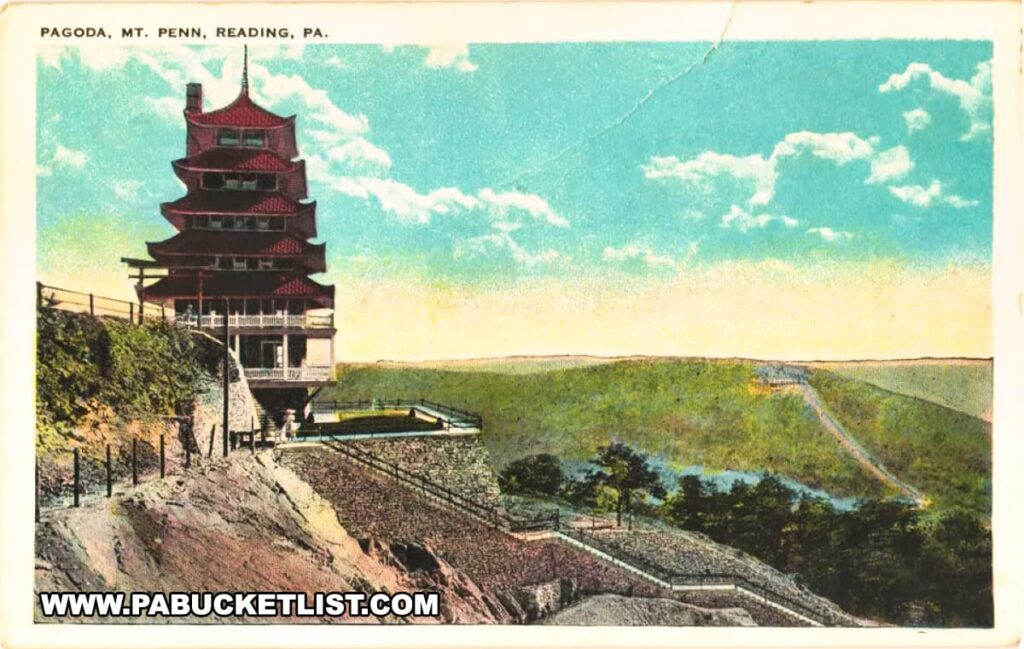 This vintage postcard depicts the Reading Pagoda in Berks County, PA, from a side angle, showing the structure perched on the hillside of Mt. Penn. The seven-story Pagoda with its red roofs and upswept eaves stands against a backdrop of green hills and a clear sky. A winding road and stone walls lead up to the Pagoda, emphasizing its elevated and scenic location. The surrounding area includes lush trees and a vast landscape, highlighting the Pagoda's commanding view over the region.