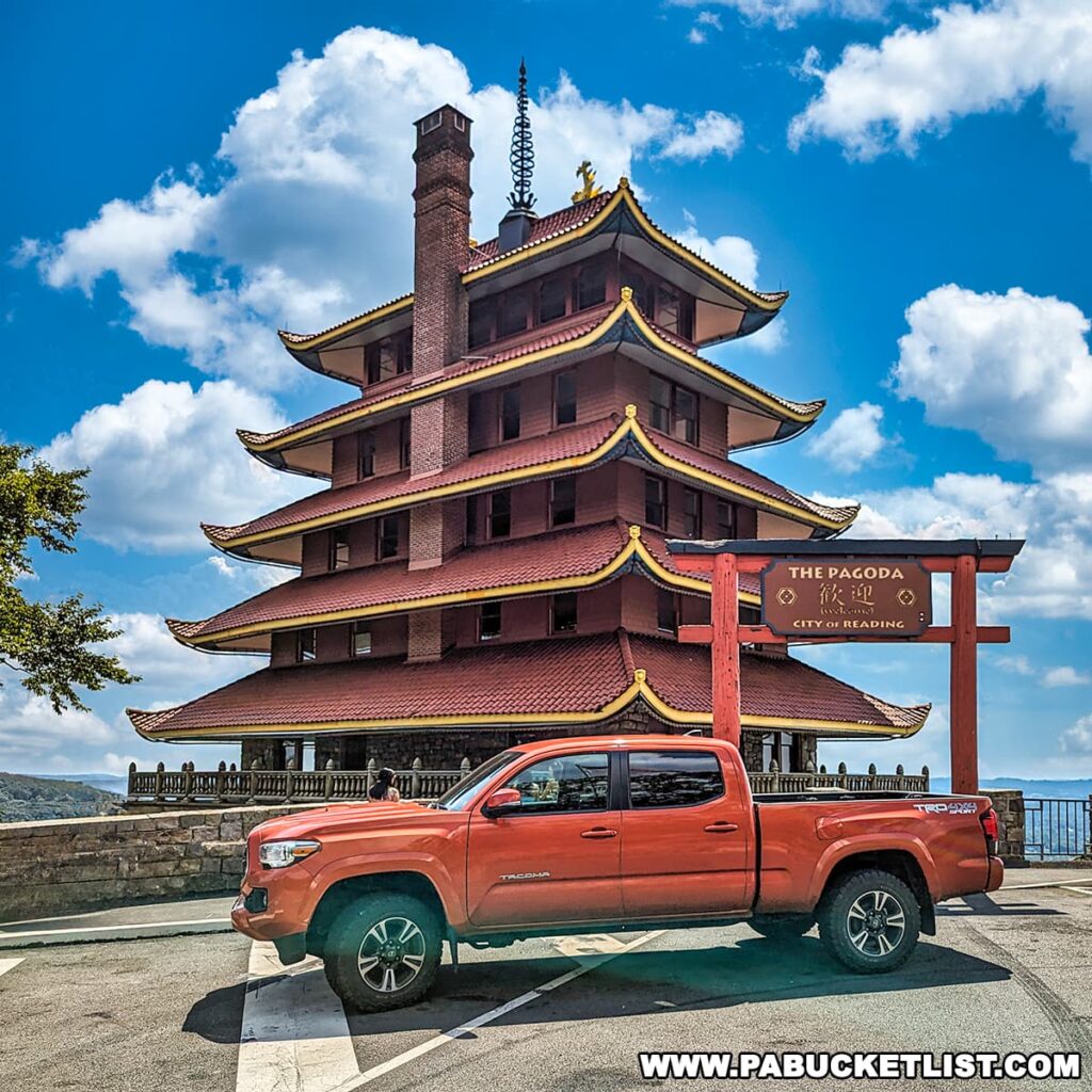 Toyota Tacoma parked in front of the Reading Pagoda in Berks County Pennsylvania.