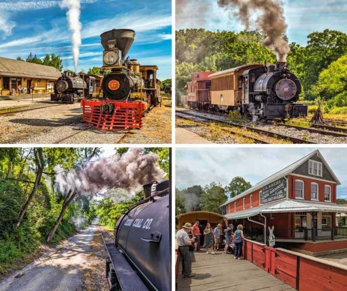 Collage of four photos taken at the Northern Central Railway of York. Top left: Two steam locomotives, Number 17 and Number 85, are on display in front of the New Freedom Station, with steam billowing into the blue sky. Top right: Number 85 steam locomotive pulls a yellow passenger car and red caboose along the tracks, surrounded by green trees. Bottom left: View from the locomotive showing the train tracks and the adjacent trail, with smoke trailing behind. Bottom right: People standing on the gondola car platform near the E.K. Krebs building, a historic red and white building, as they enjoy the scenic ride.