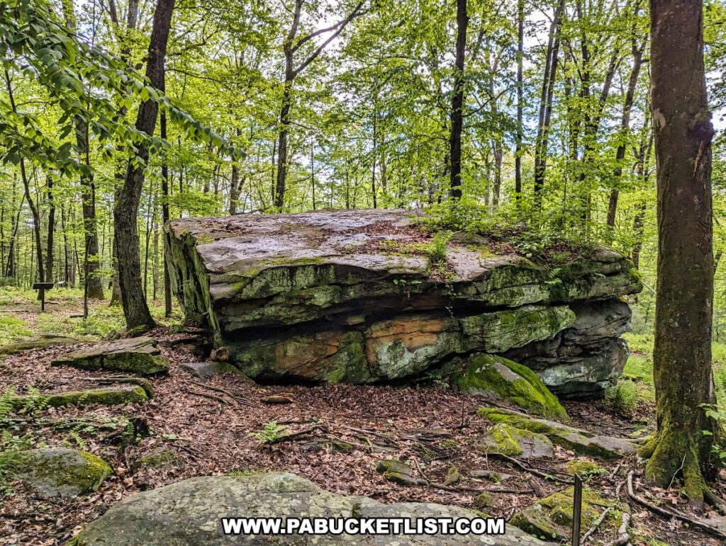 A large, moss-covered boulder known as Altar Rock, surrounded by lush green trees and forest undergrowth, located in Scripture Rocks Heritage Park, Jefferson County, Pennsylvania. Interpretive signage is visible in the background along a woodland trail.