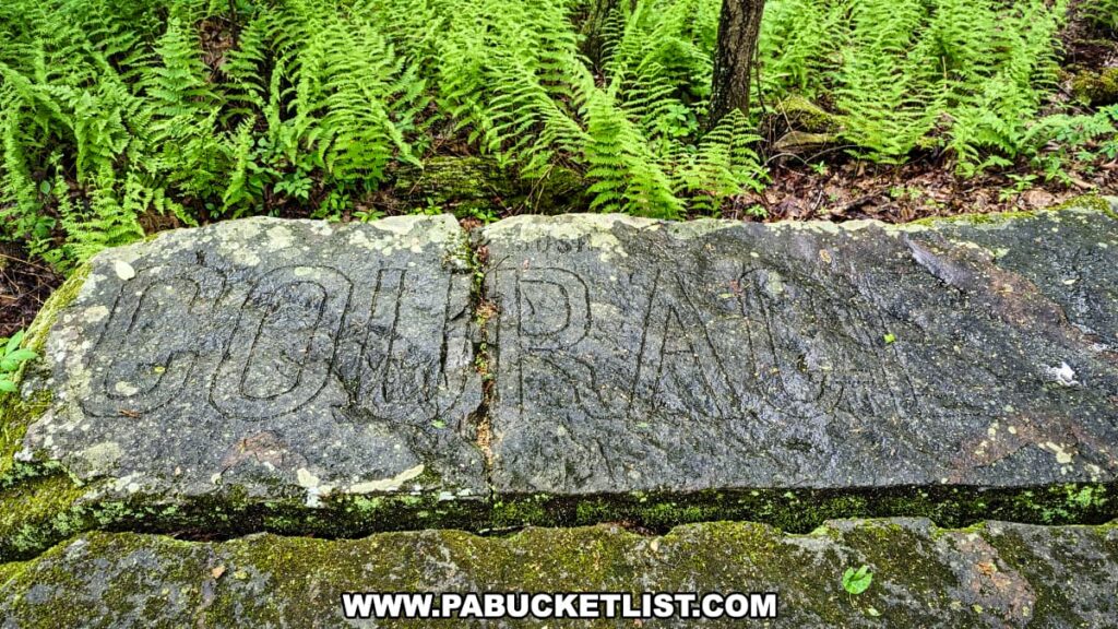 A moss-covered boulder at Scripture Rocks Heritage Park in Jefferson County, Pennsylvania, engraved with the word "COURAGE." The rock is surrounded by lush green ferns and forest undergrowth, reflecting Douglas M. Stahlman's positive and hopeful early carvings.