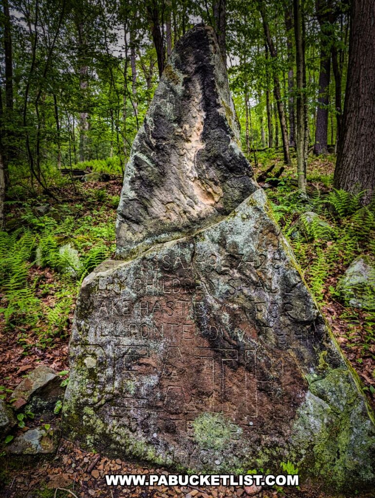 A triangular, moss-covered boulder known as Death Rock at Scripture Rocks Heritage Park in Jefferson County, Pennsylvania, engraved with somber and pessimistic inscriptions by Douglas M. Stahlman. The rock is situated in a forested area surrounded by lush green ferns and trees, reflecting the later, darker phase of Stahlman's work.