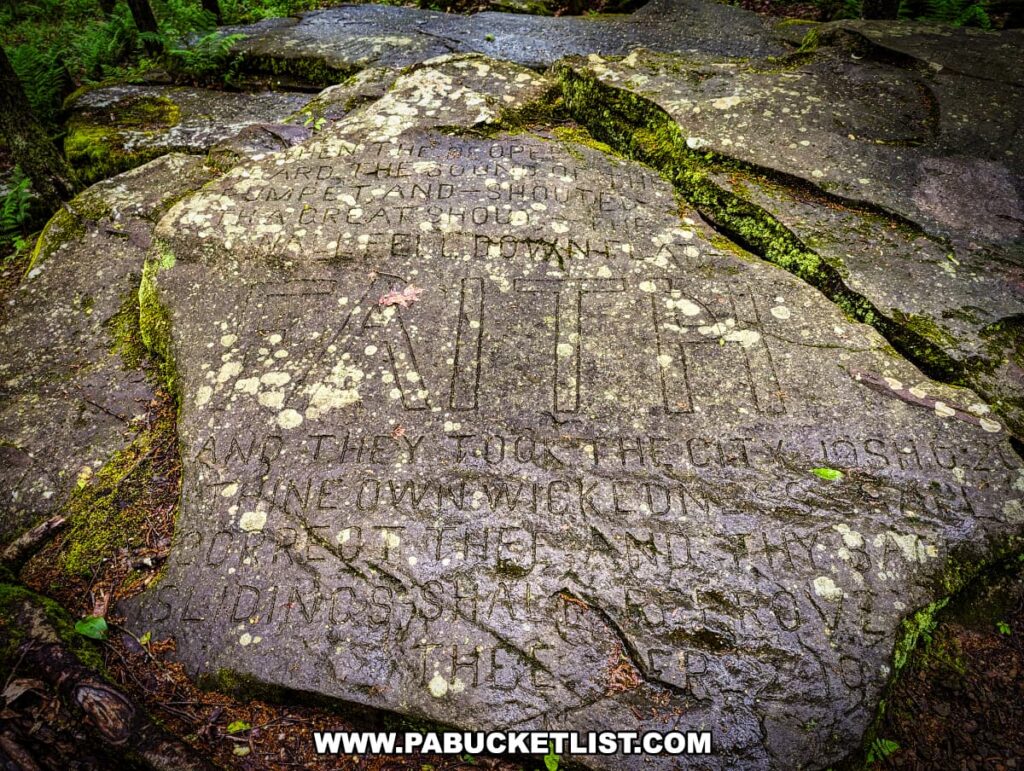 A large, flat boulder at Scripture Rocks Heritage Park in Jefferson County, Pennsylvania, engraved with the word "FAITH" and other inscriptions by Douglas M. Stahlman. The moss-covered rock is surrounded by forest vegetation, reflecting the positive and hopeful messages of Stahlman's earlier carvings.