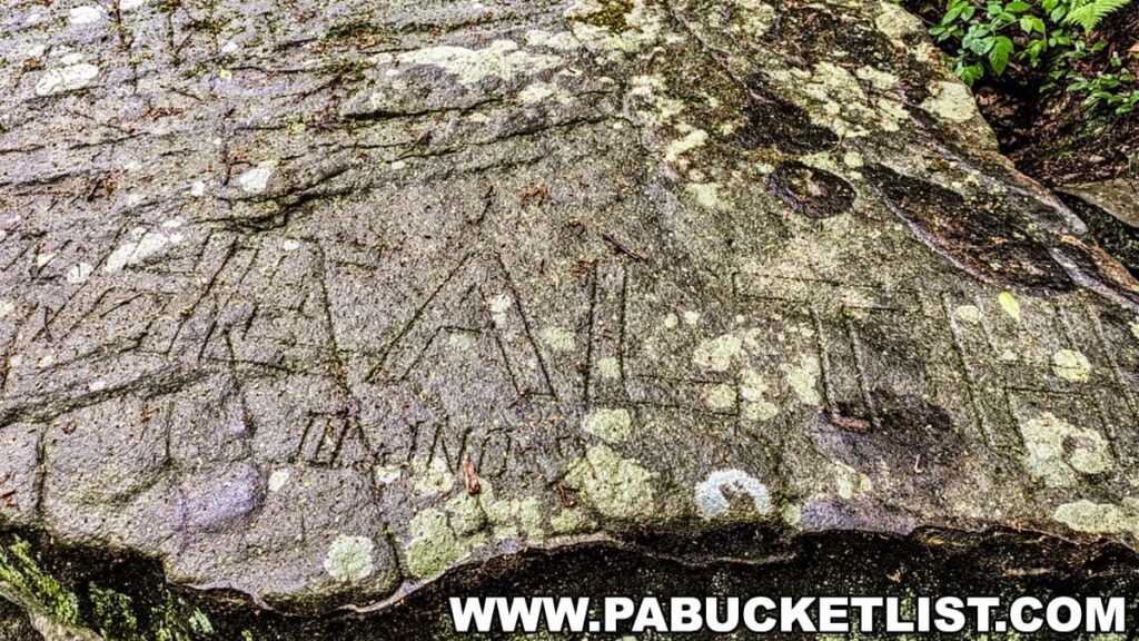 A moss-covered boulder at Scripture Rocks Heritage Park in Jefferson County, Pennsylvania, engraved with the word "HEALTH" and other inscriptions by Douglas M. Stahlman. The rock surface is weathered and surrounded by forest vegetation, reflecting Stahlman's focus on spiritual and physical well-being in his carvings.