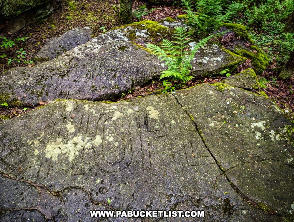 A moss-covered boulder at Scripture Rocks Heritage Park in Jefferson County, Pennsylvania, engraved with the word "HOPE" and other inscriptions by Douglas M. Stahlman. The rock is situated among other boulders and surrounded by lush green ferns, reflecting the positive and hopeful messages of Stahlman's early carvings.